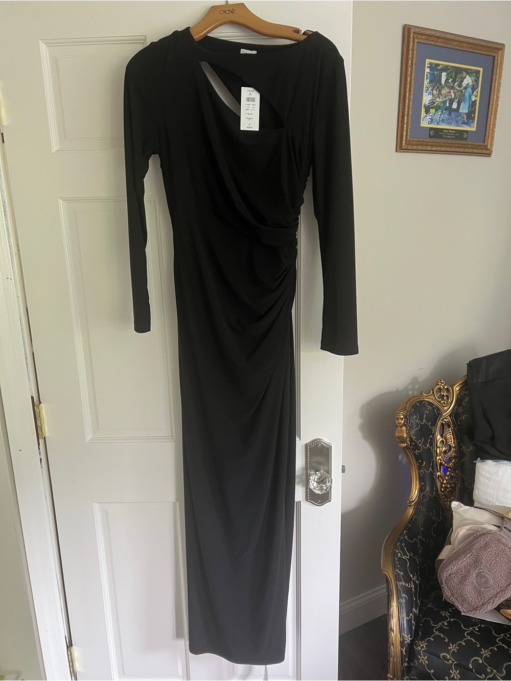 Cache Black Long Sleeve Ruched Side Cutout Maxi Dress